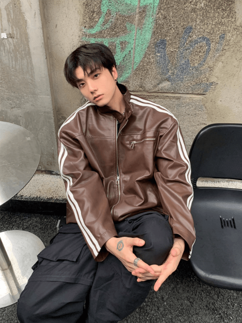 [K09] PU leather striped jacket T0169