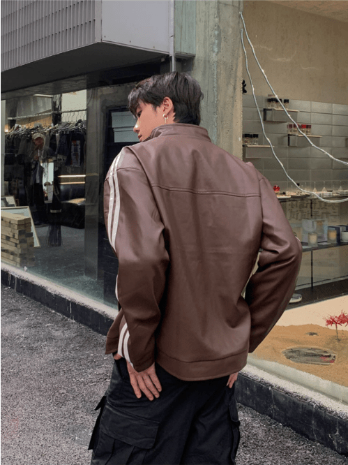 [K09] PU leather striped jacket T0169