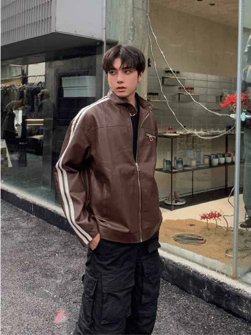 [K09] PU leather striped jacket T0169