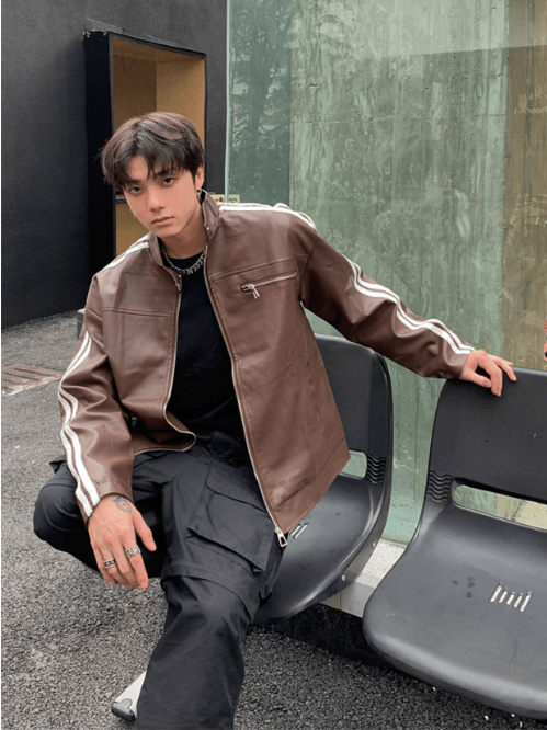 [K09] PU leather striped jacket T0169