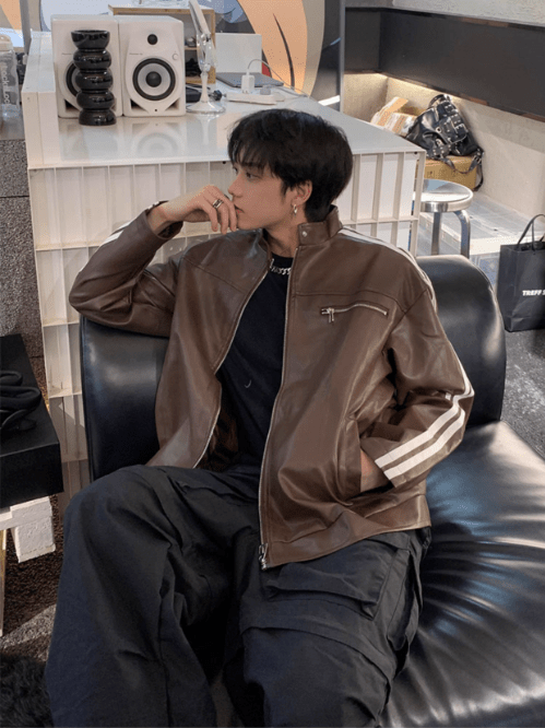 [K09] PU leather striped jacket T0169