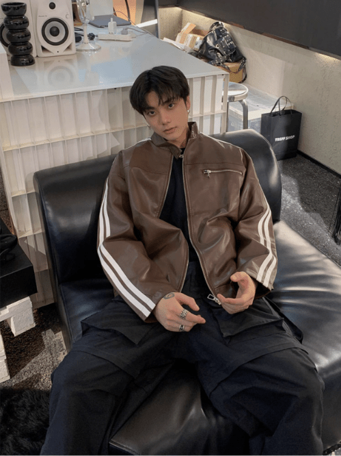 [K09] PU leather striped jacket T0169