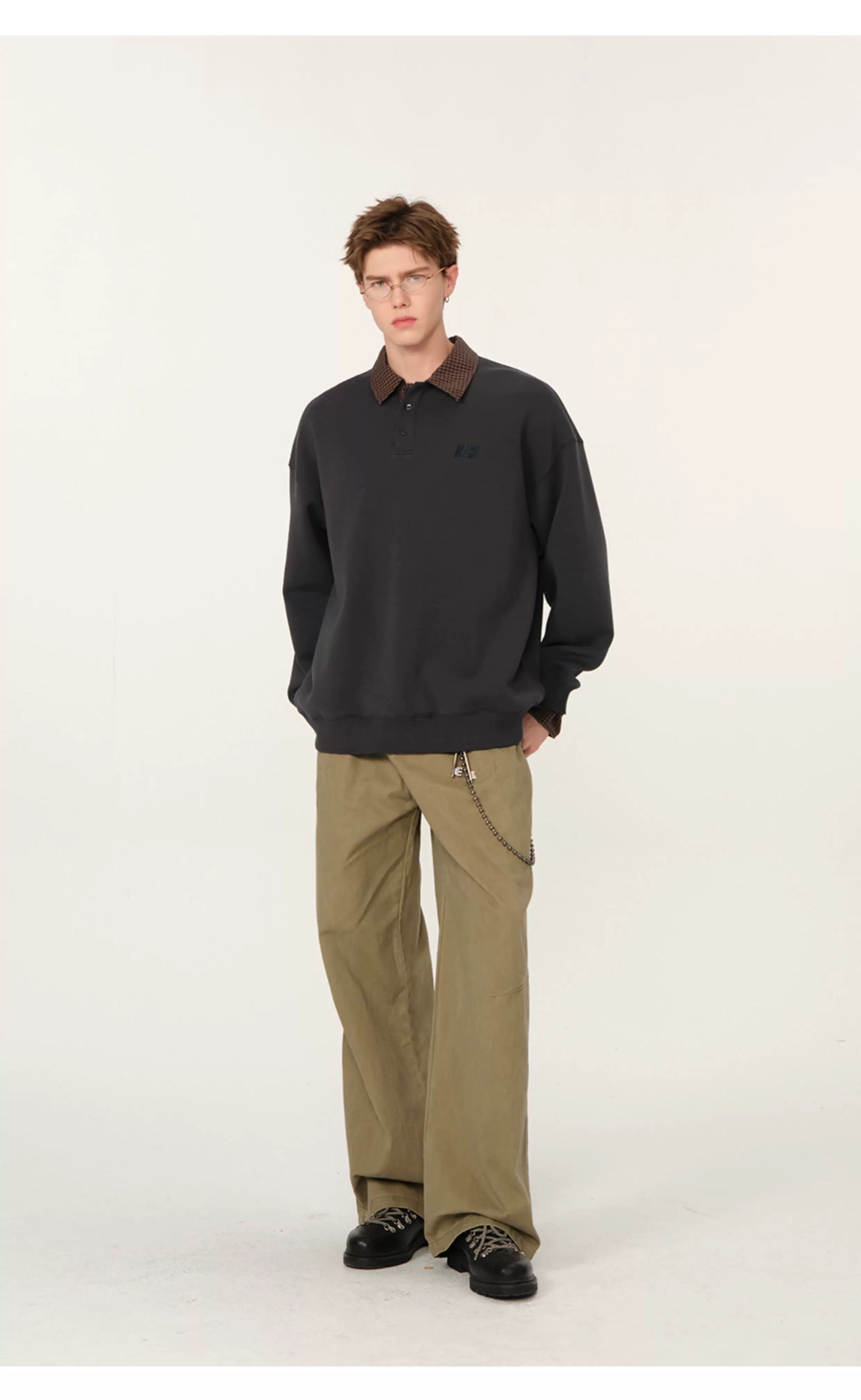 Men’s Layered Polo Sweatshirt – Air Layer Fabric Retro Street Pullover S0041