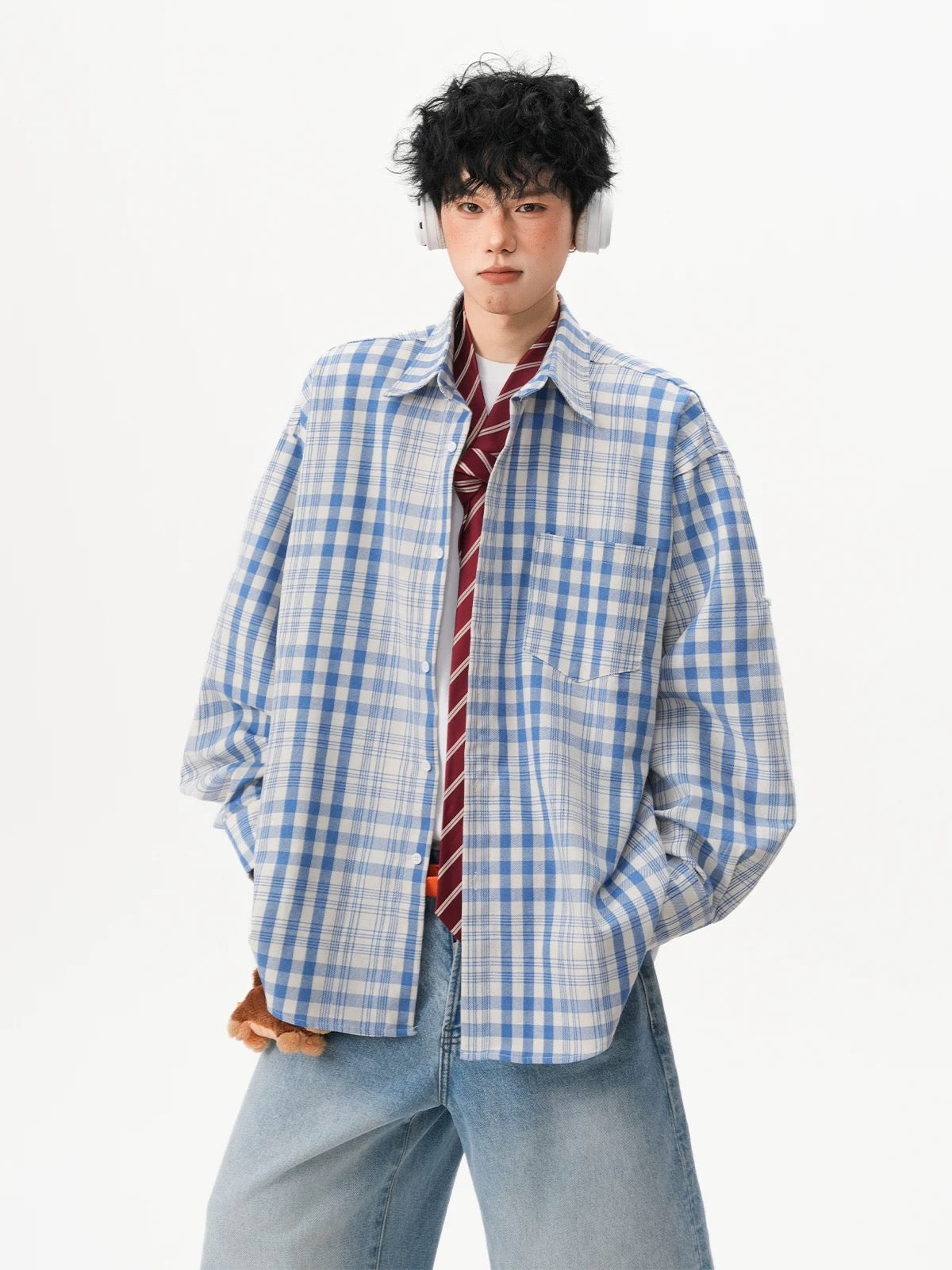 Men’s Vintage Blue Plaid Shirt – American Retro Street Casual Overshirt S0042