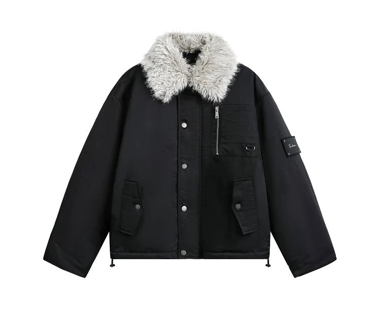 Men’s Detachable Fur Collar Padded Jacket – American Retro Winter Street Outerwear T0055