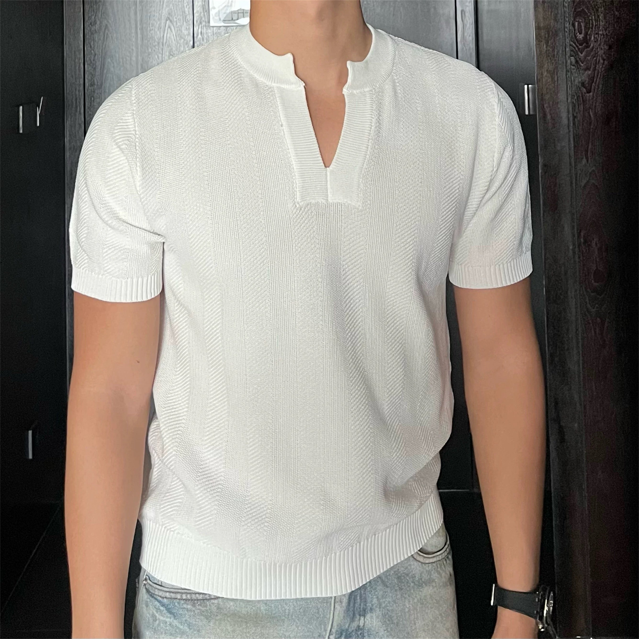 Camiseta de punto vintage con cuello en V para hombre, corte ajustado, elástica, transpirable, informal, T0061