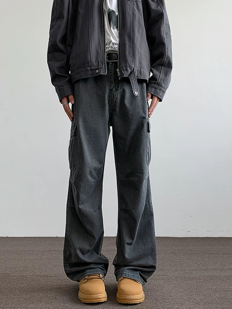 Men’s Gray Multi-Pocket Cargo Pants – Utility Streetwear Loose Fit Trousers B0062