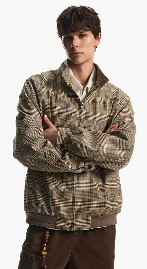 Men’s Houndstooth Harrington Jacket – American Retro Preppy Street OuterwearT0067