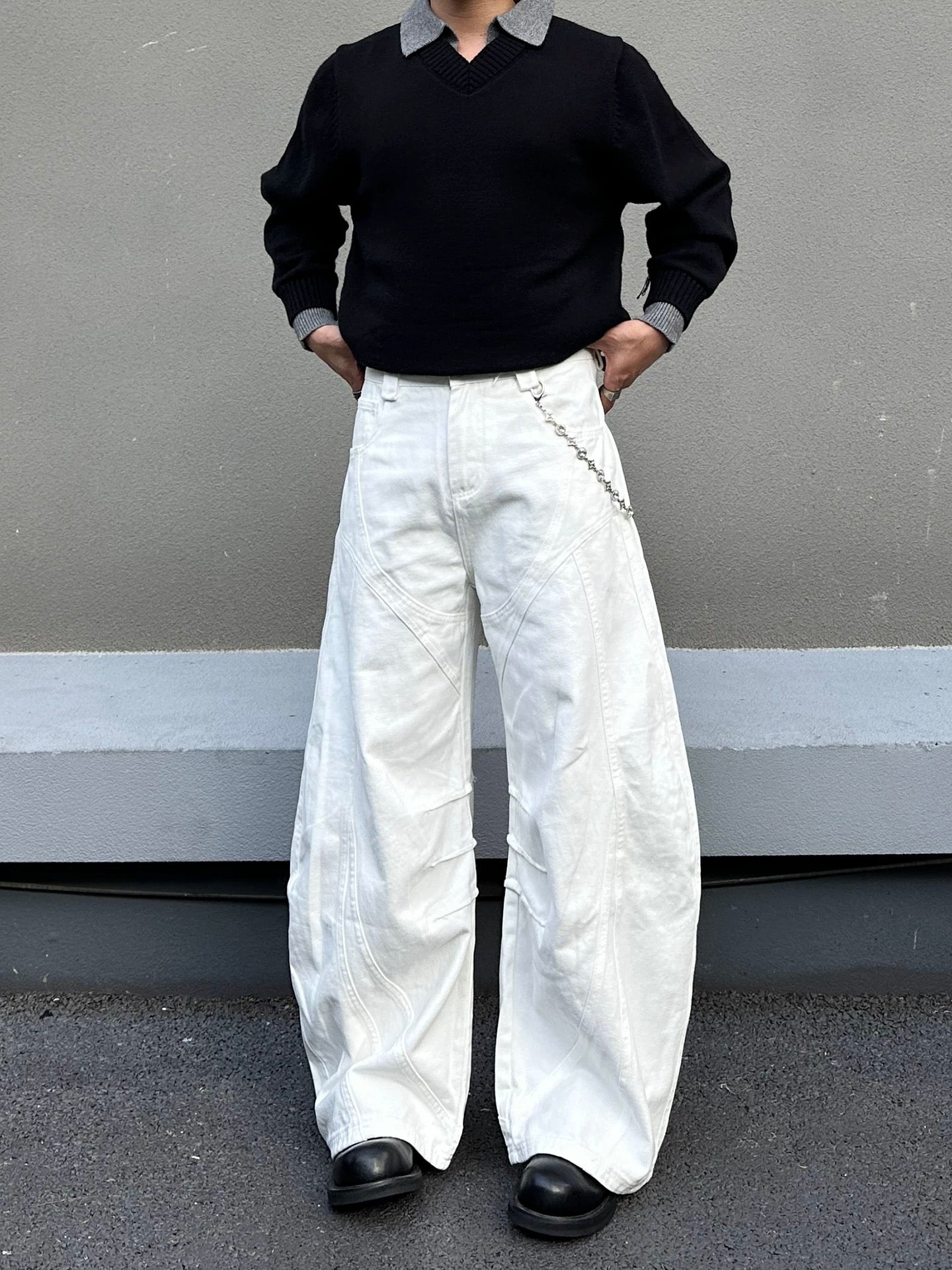 Men’s White Curved Wide-Leg Jeans – American Streetwear Vintage Denim Pants B0086