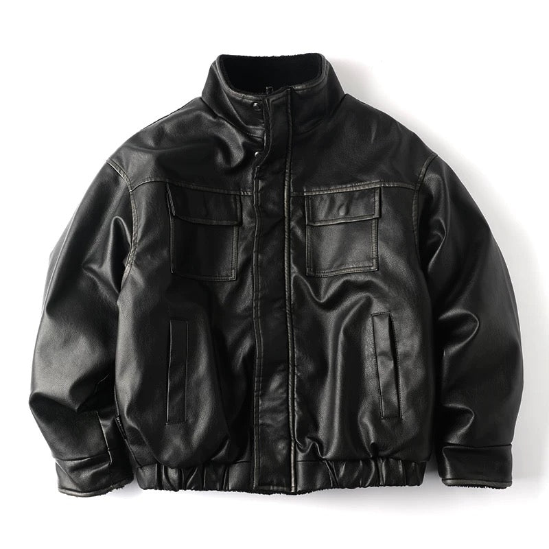 Chaqueta acolchada de algodón y piel sintética con cuello alto retro para hombre, abrigo de calle Morandi marrón grueso y cálido de lana de cordero T0013