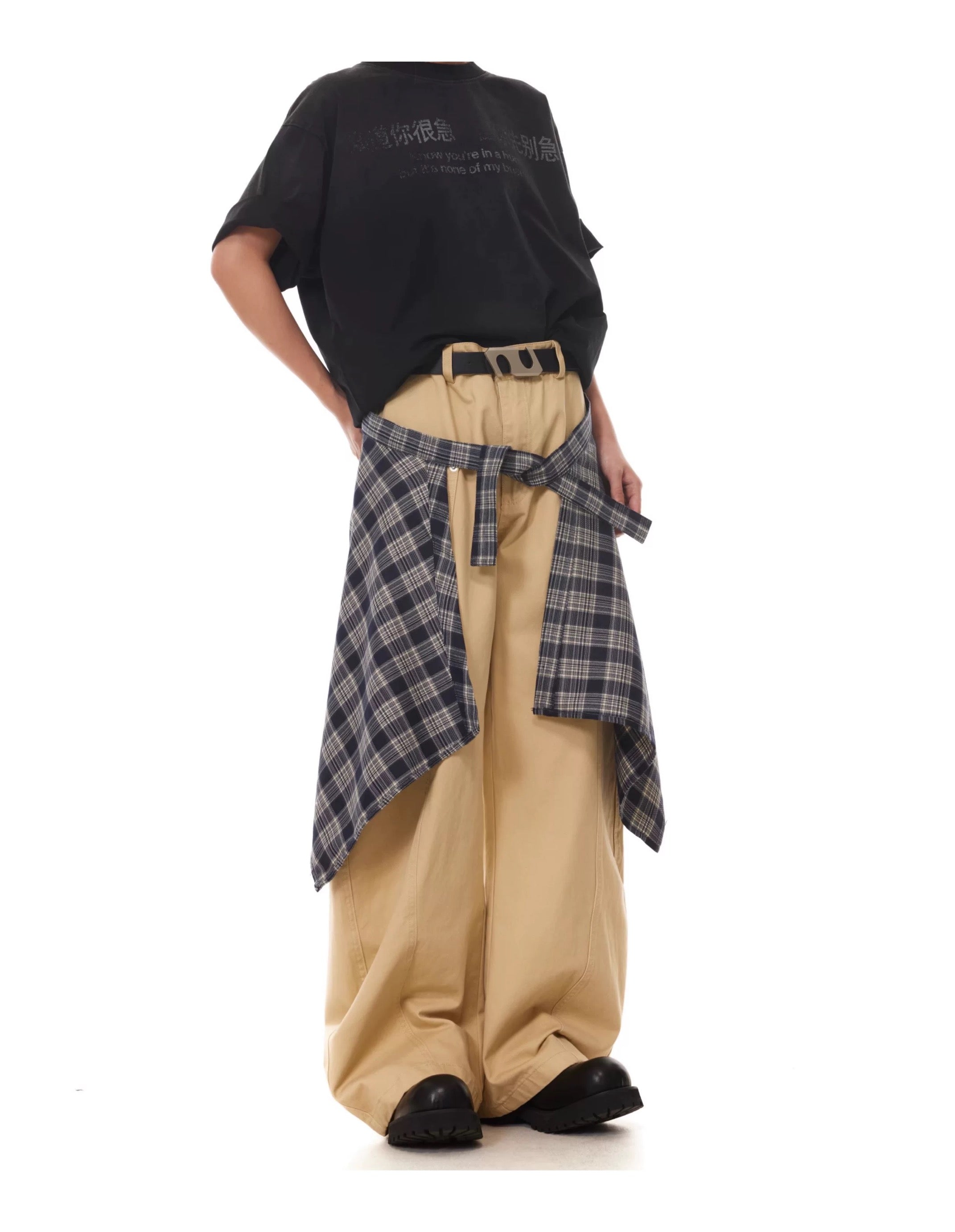 Men’s Vintage Detachable Plaid Skirt Cargo Pants – American Curved Wide-Leg Streetwear Trousers B0087