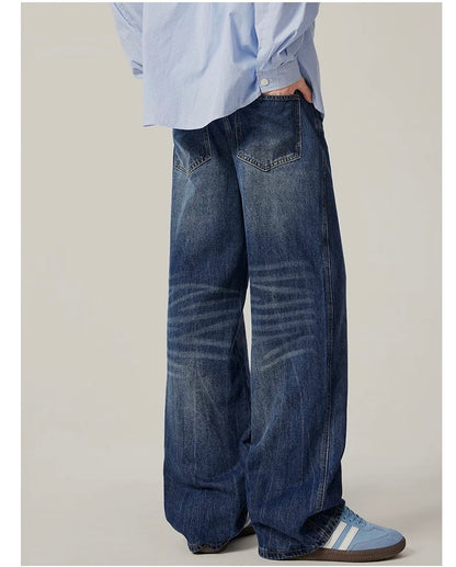 Men’s Vintage Washed Wide-Leg Jeans – American Retro Streetwear Denim T0138