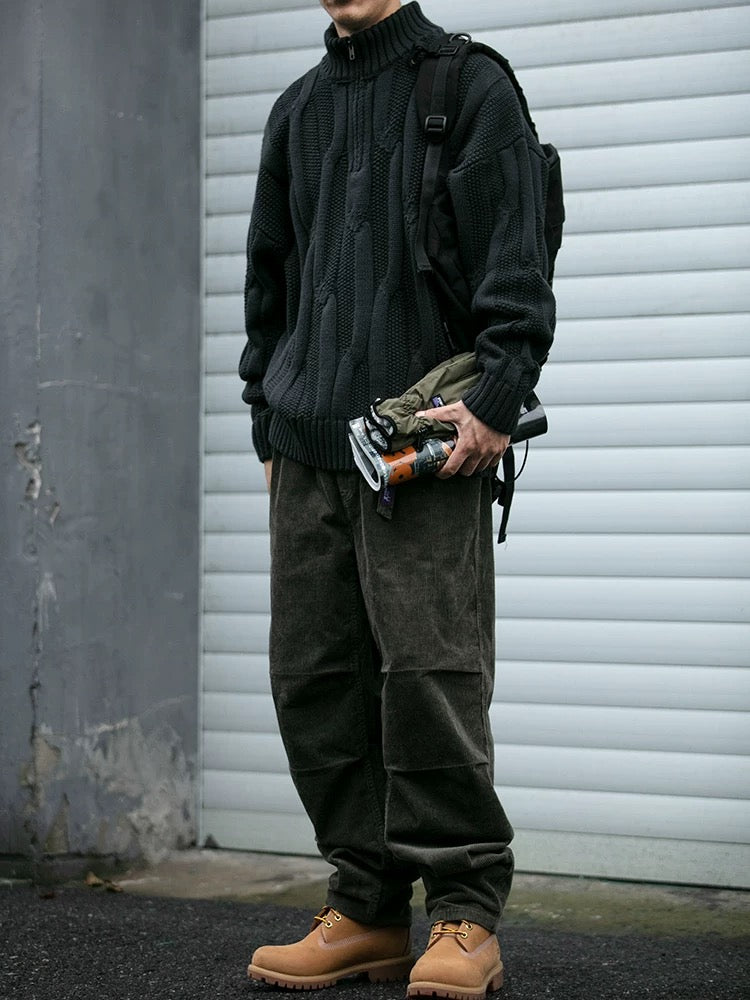 Suéter grueso de punto trenzado con cuello alto - Chaqueta gruesa estilo americano vintage con media cremallera T0015