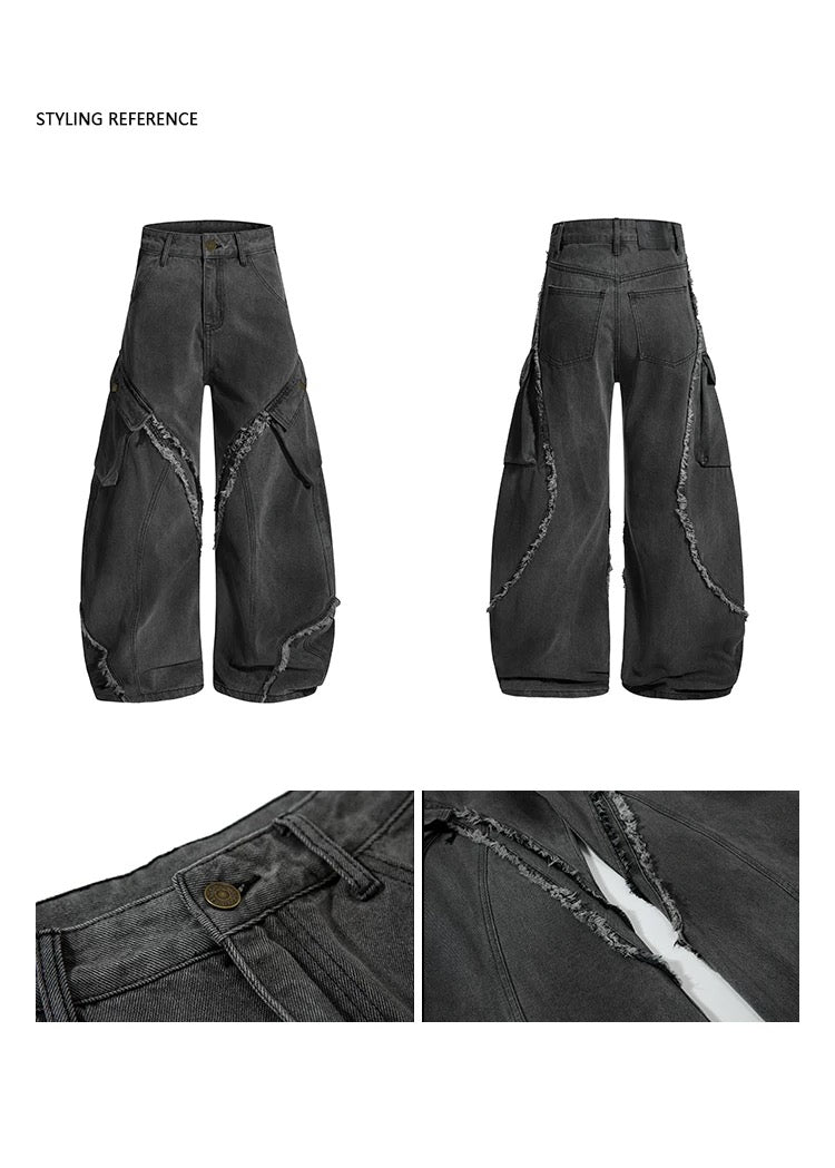 Men’s Vintage Deconstructed Denim Jeans – American Raw-Edge Curved Cut Wide-Leg Pants B0088