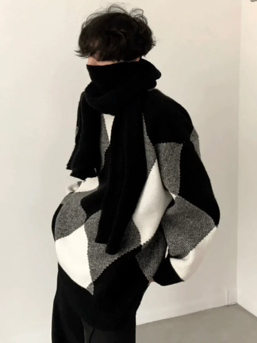 [AUTUMNWIND] BLACK AND WHITE HIGH-END DESIGN TURTLENECK SWEATER S0181