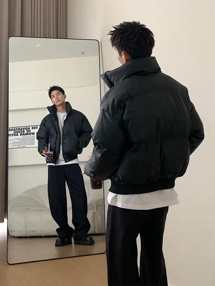 Men’s Short Stand Collar Down Jacket – Minimal Clean Fit Streetwear Puffer T0049