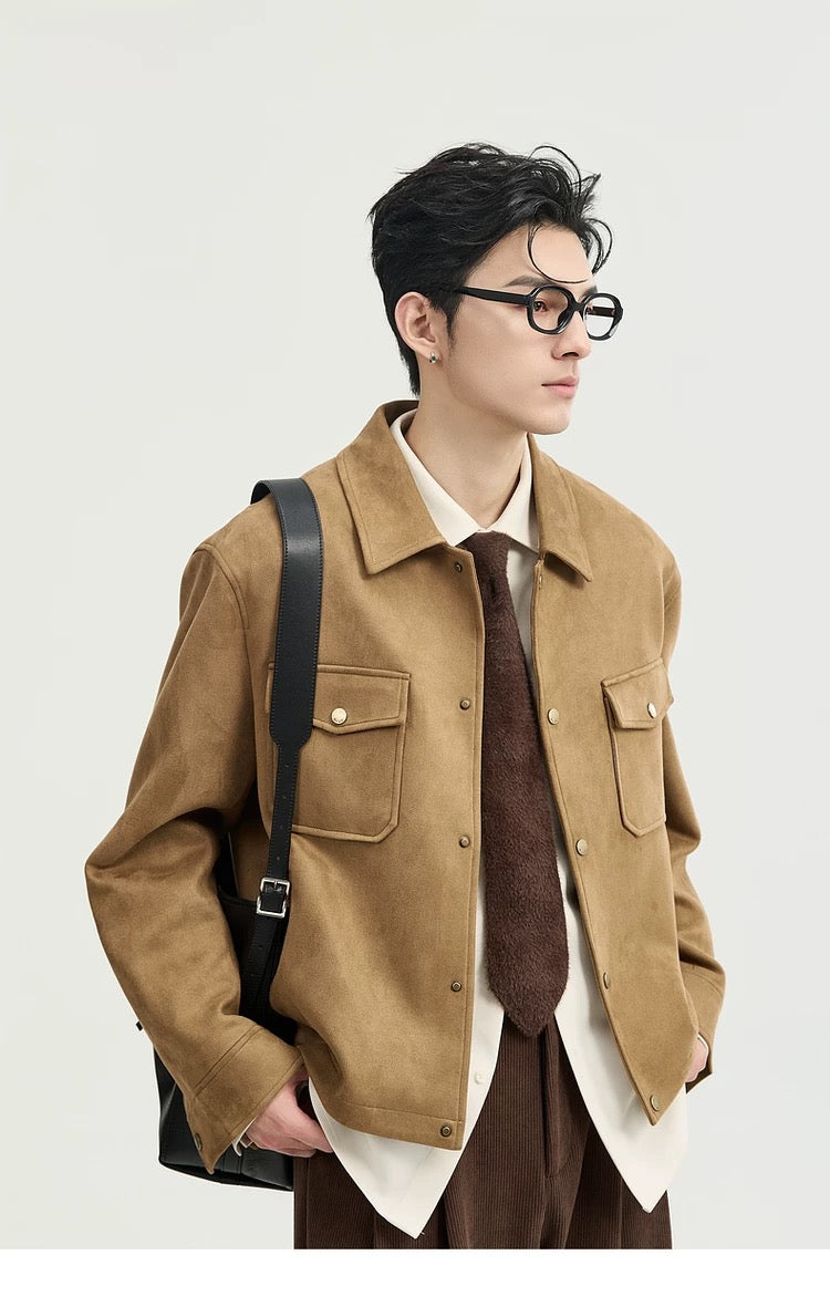 Chaqueta retro premium de ante sintético con solapa para hombre - Top corto informal para otoño T0039