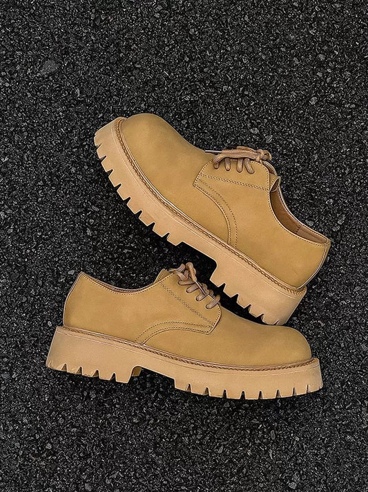 English-American Chunky Derby Shoes - Brown Workwear Leather with Mickey Mouse Detail (CleanFit Platform Shoes for Men) S0010