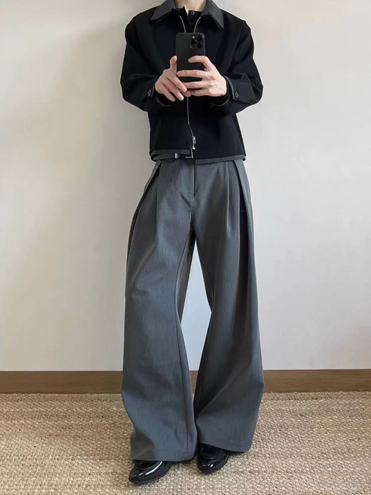 Men’s Pleated A-Line Flare TR Trousers – 3D Wide-Leg Tailored Street Pants B0072