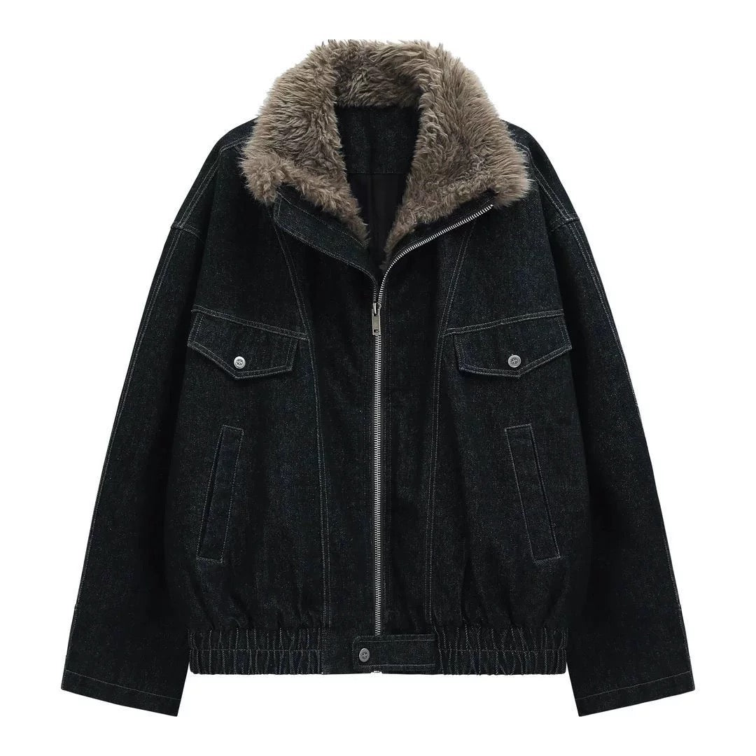 Men’s Fleece-Lined Denim Jacket – American Vintage Winter Street Outerwear T0053