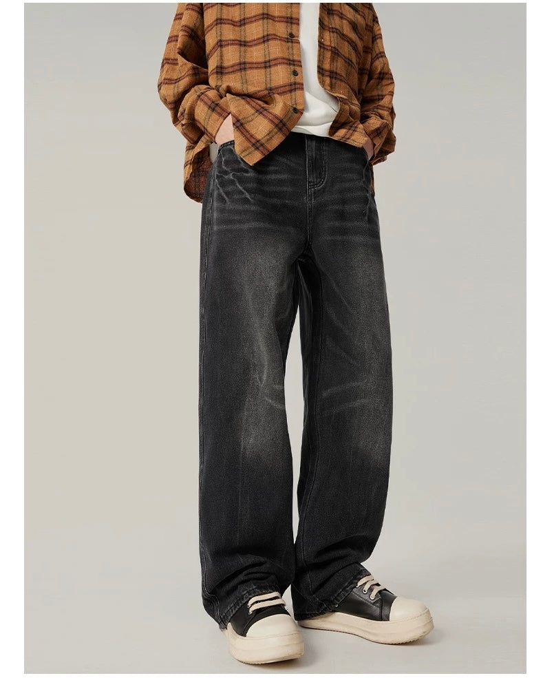 Men’s Vintage Washed Wide-Leg Jeans – American Retro Streetwear Denim T0138