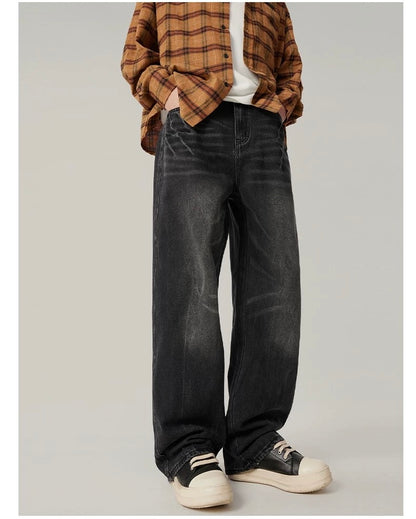 Men’s Vintage Washed Wide-Leg Jeans – American Retro Streetwear Denim T0138