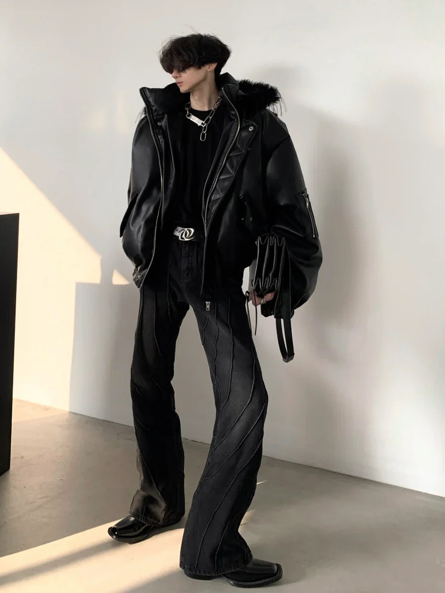 FUR DESIGN COTTON PUNK LEATHER JACKET T0100