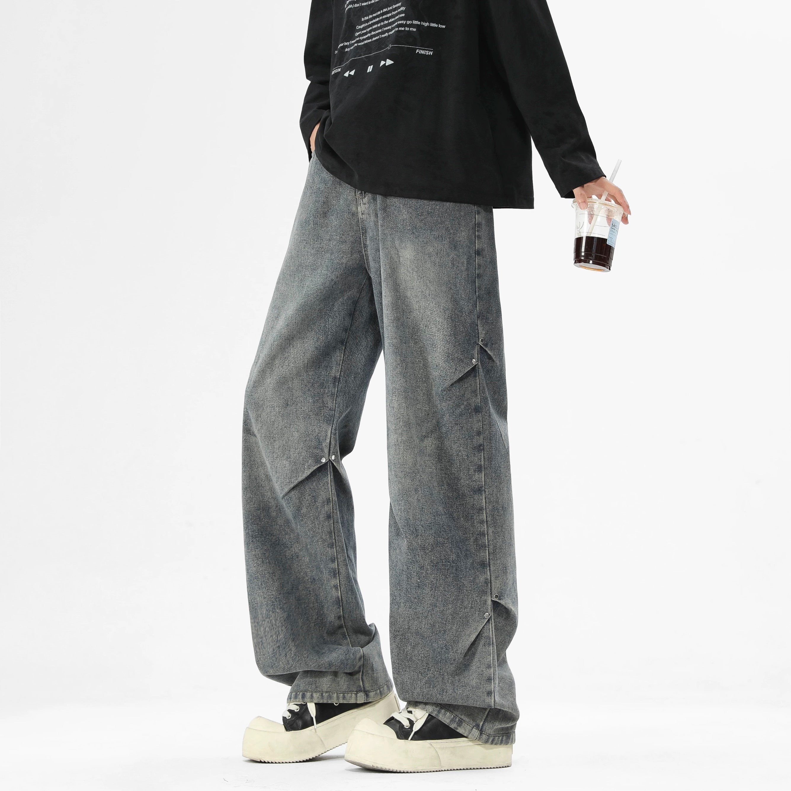 American Street Rivet Patchwork Straight-Leg Jeans Fe0501