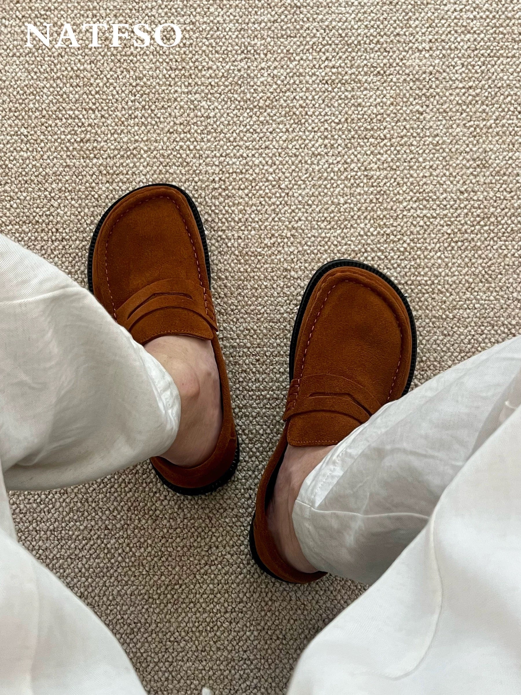 Vintage Brown Suede Loafers - Square-Toed Slip-On Moccasins with Soft Sole (Old Money Style Casual Shoes) S0002