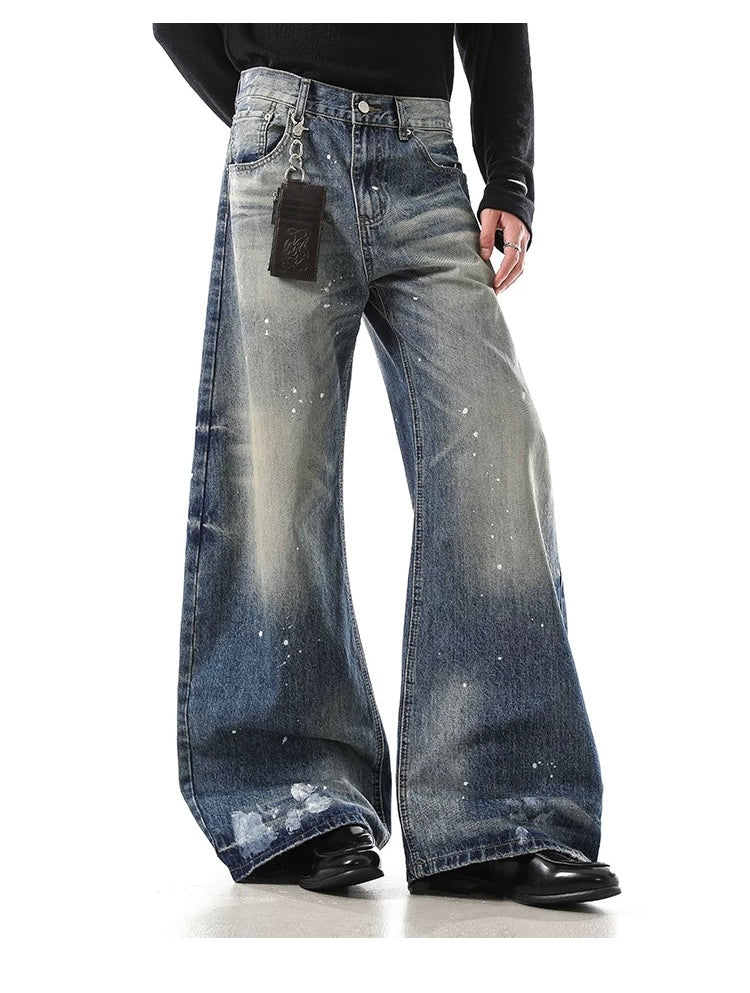 Men’s American Washed Splatter Blade-Cut Jeans – Vintage Distressed Streetwear Denim B0047