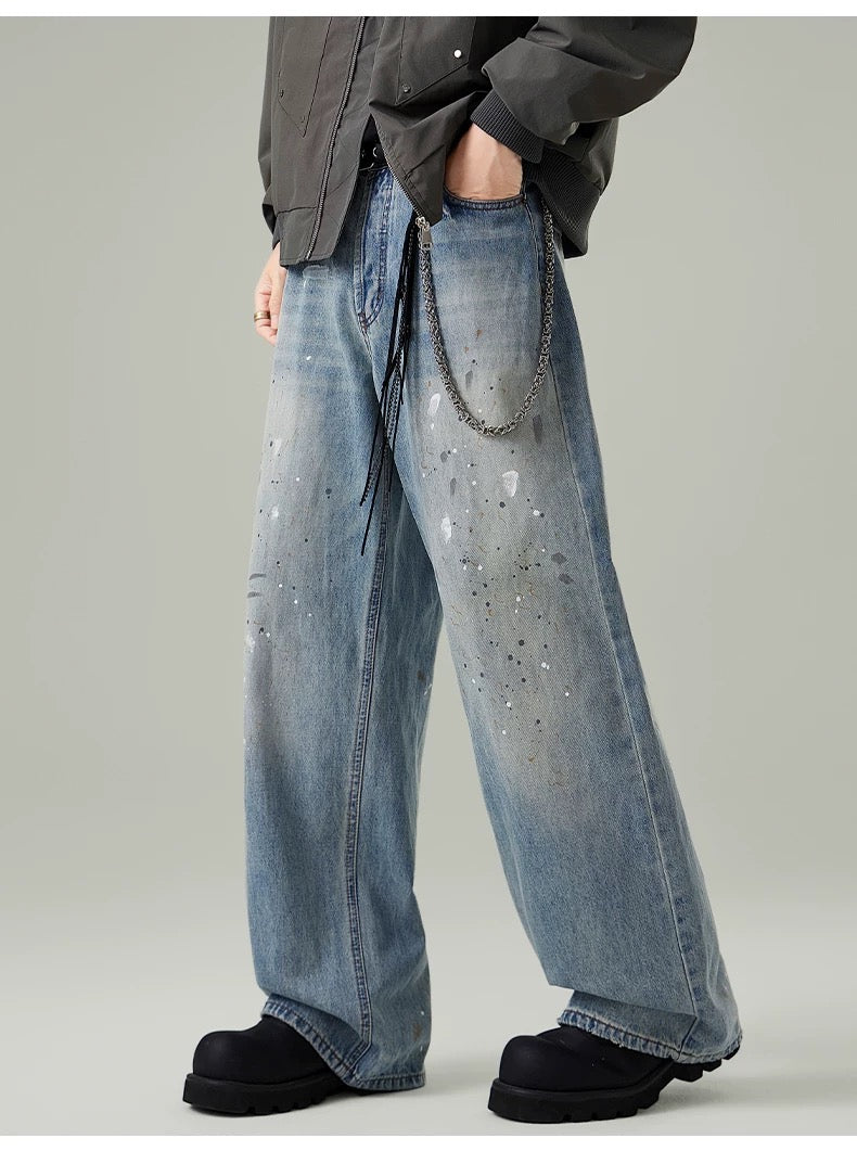 Men’s Paint-Splatter Washed Jeans – Vintage American Street Art Denim Pants B0055