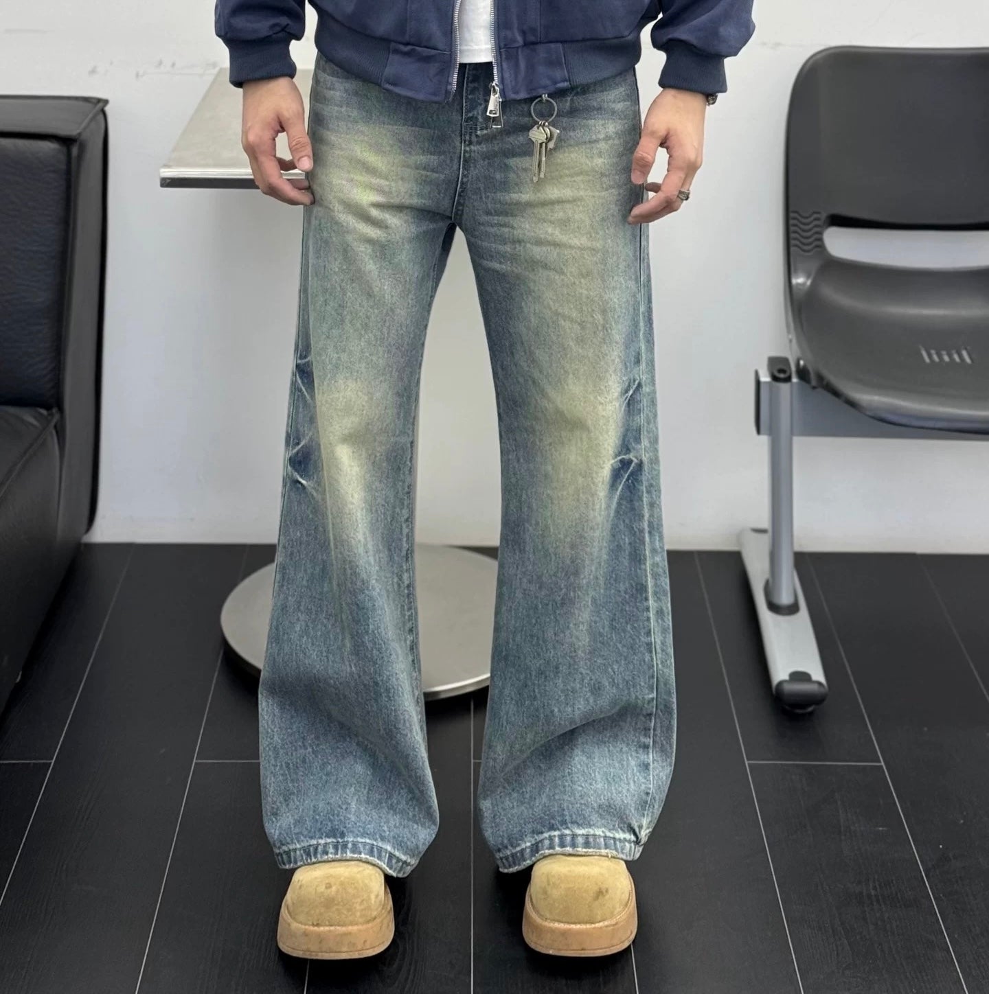 Men’s Lightning Pattern Flared Jeans – Vintage American Streetwear Denim Pants B0061