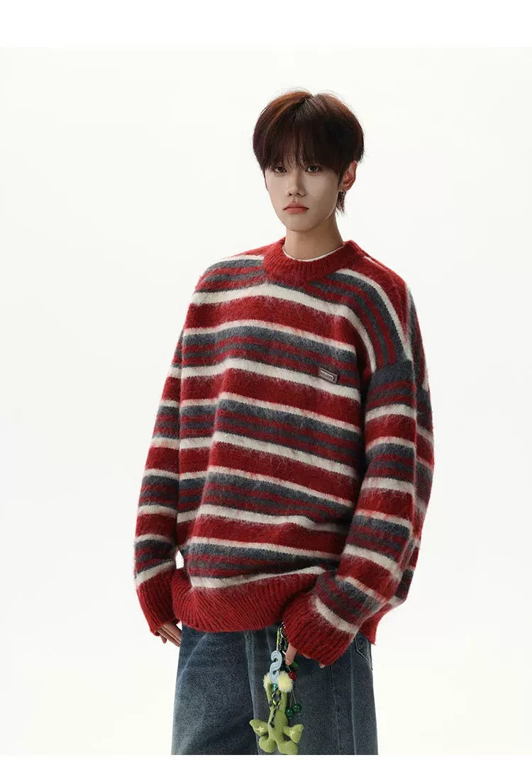 Men’s Vintage Red Striped Sweater – American Retro Knit Pullover S0049