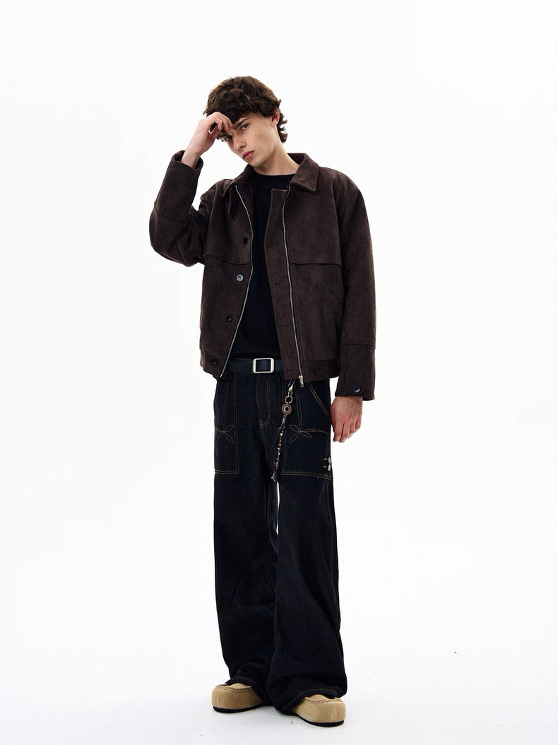 American Retro Suede Jacket – Brown Faux Suede Lapel Trucker Coat T0027