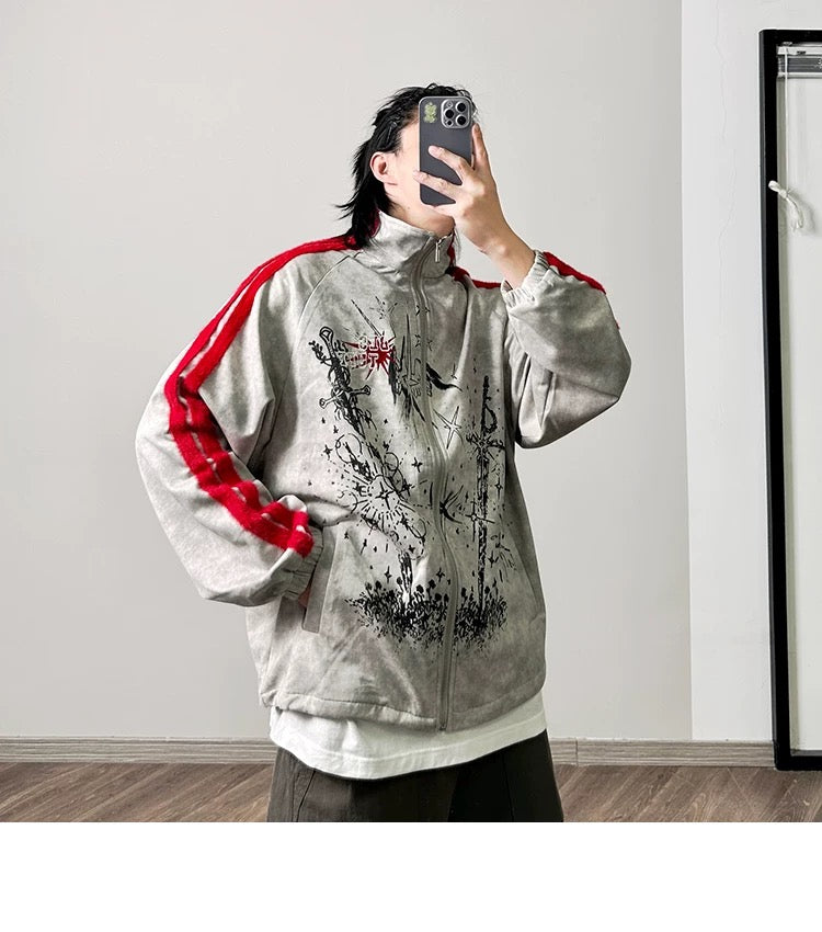 メンズ プリント カラーブロック フリースジャケット - レトロ パッチワーク ストリートウェア アウターウェア T0037