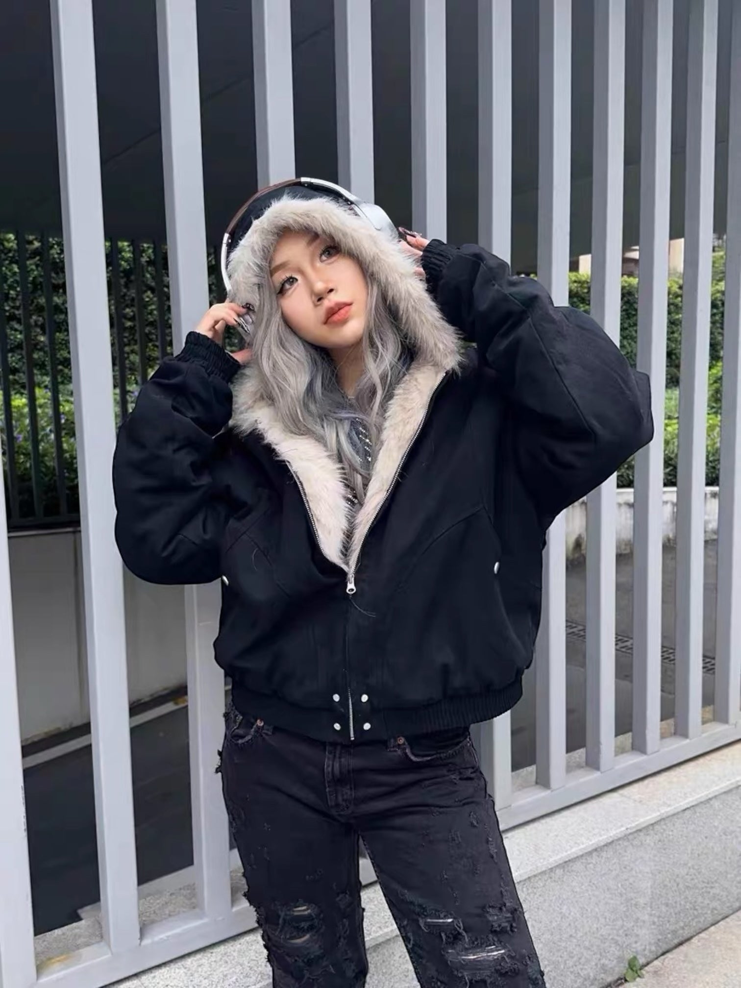 [Korean Girl] FUR LINED PUFFER BOMBER JACKET T0171