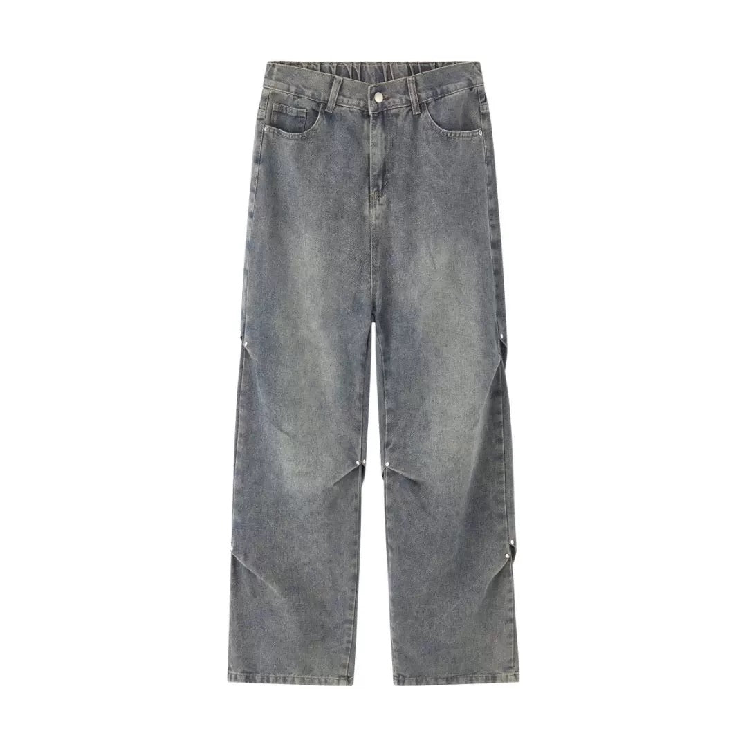 American Street Rivet Patchwork Straight-Leg Jeans Fe0501