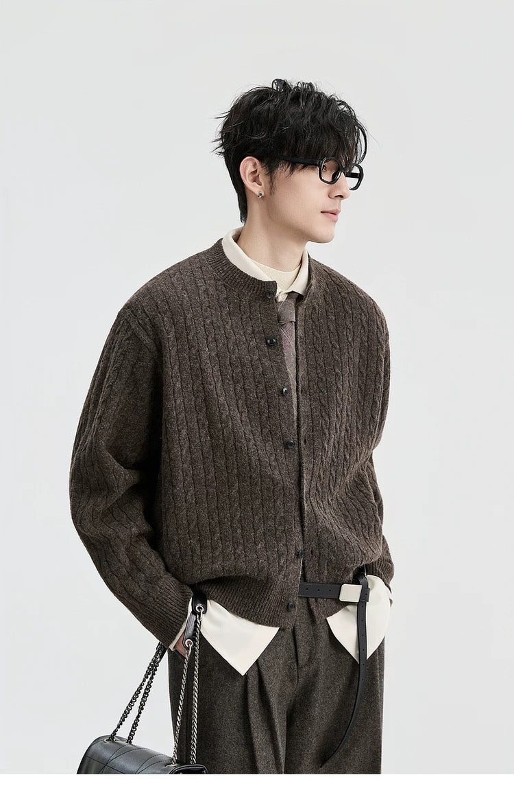 Jacquard Retro-Style Henry Neck Sweater Cardigan for Men - Wool-Blend Knitted Outerwear for Autumn & Winter T0038