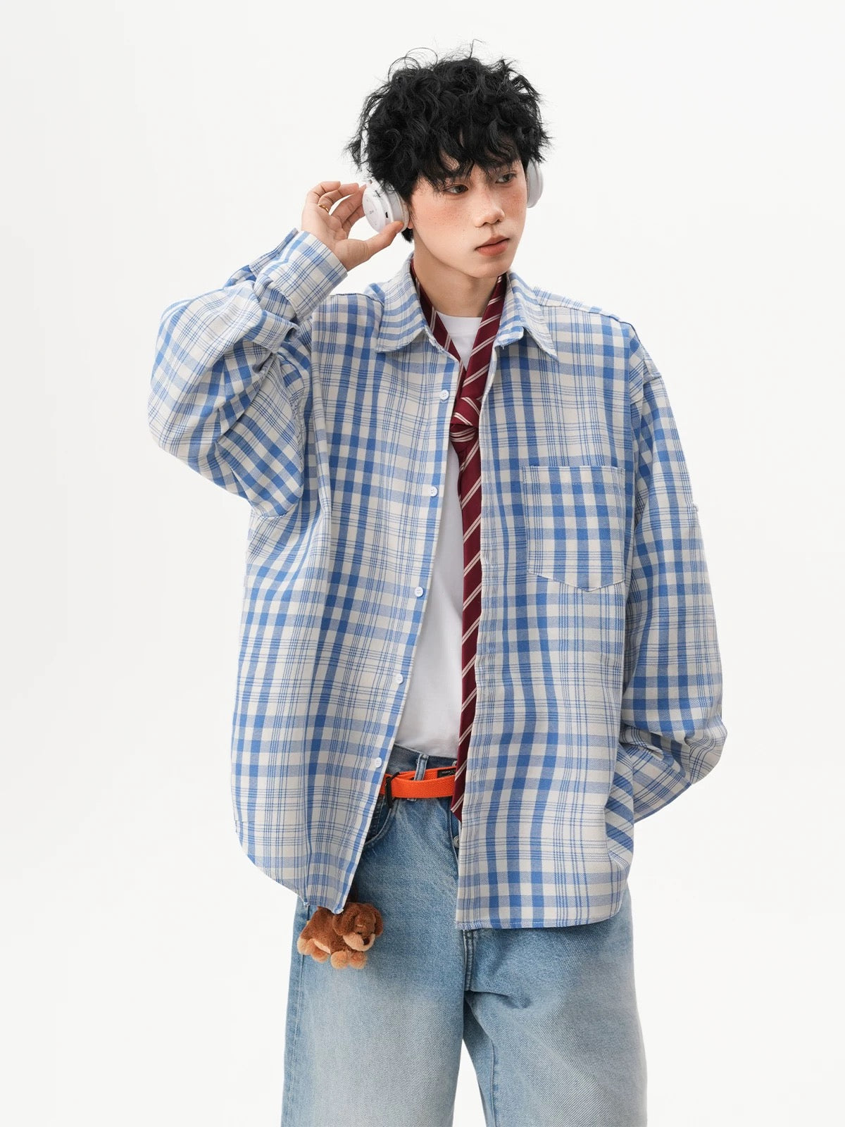 Men’s Vintage Blue Plaid Shirt – American Retro Street Casual Overshirt S0042