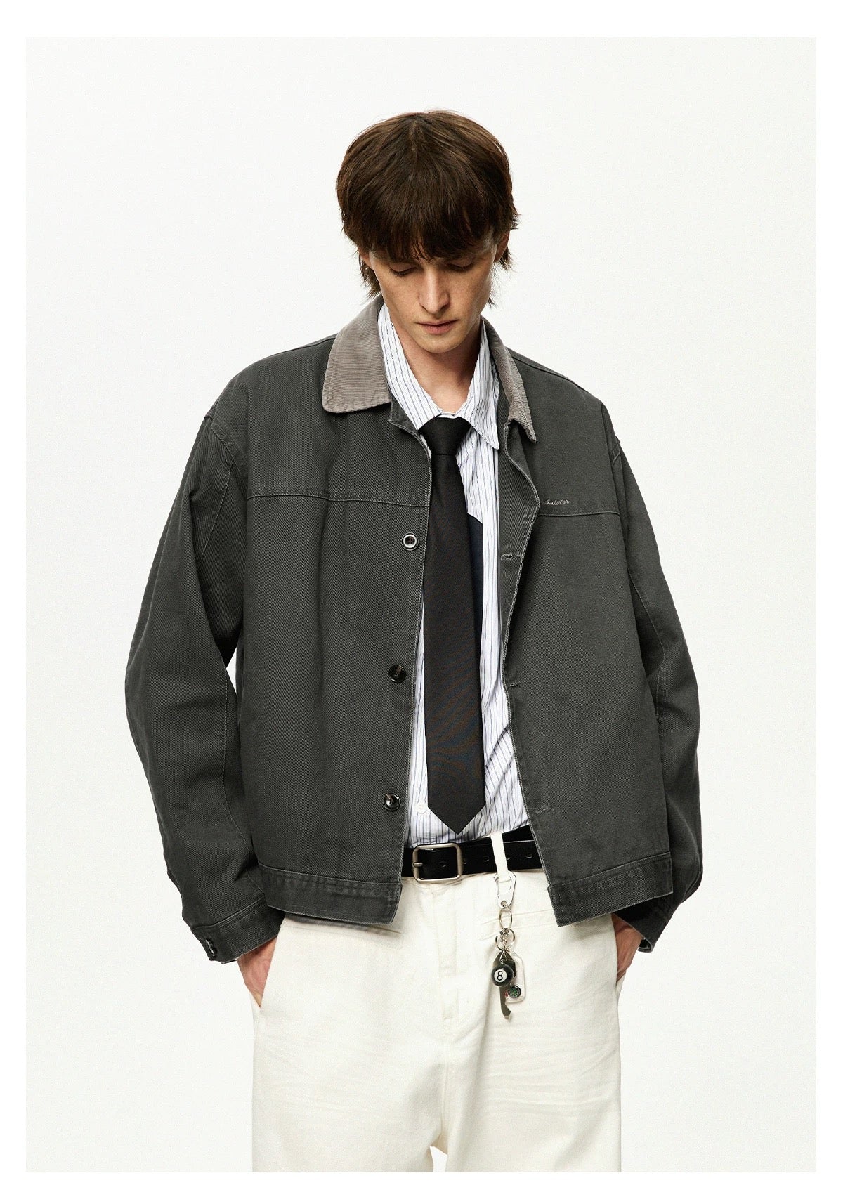 Men’s Color-Block Workwear Jacket – American Retro Contrast Collar Utility Outerwear T0064