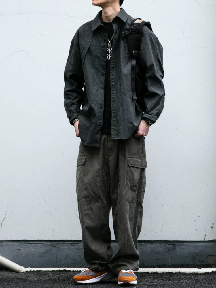 Vintage Washed Utility Shirt, Men's Distressed Panelled Long Sleeve, Oversized Streetwear Fashion T0010
