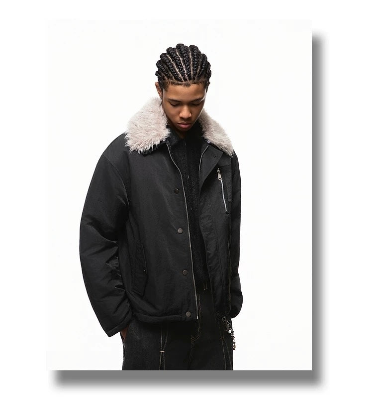 Men’s Detachable Fur Collar Padded Jacket – American Retro Winter Street Outerwear T0055