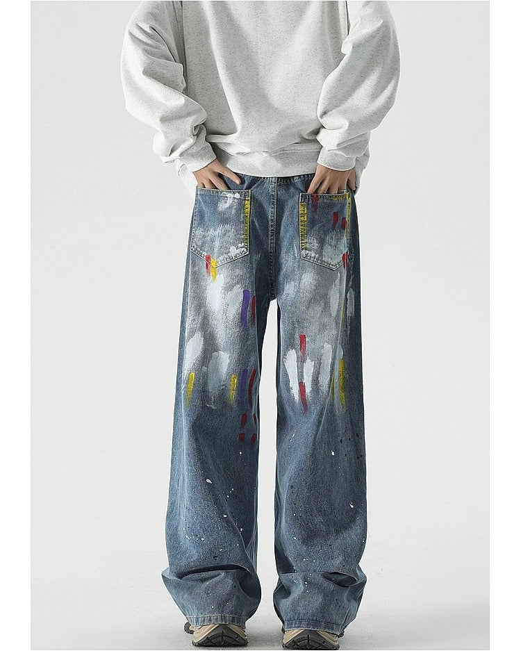 Men’s Graffiti Denim Jeans – Vintage American High Street Painted Streetwear Pants B0058