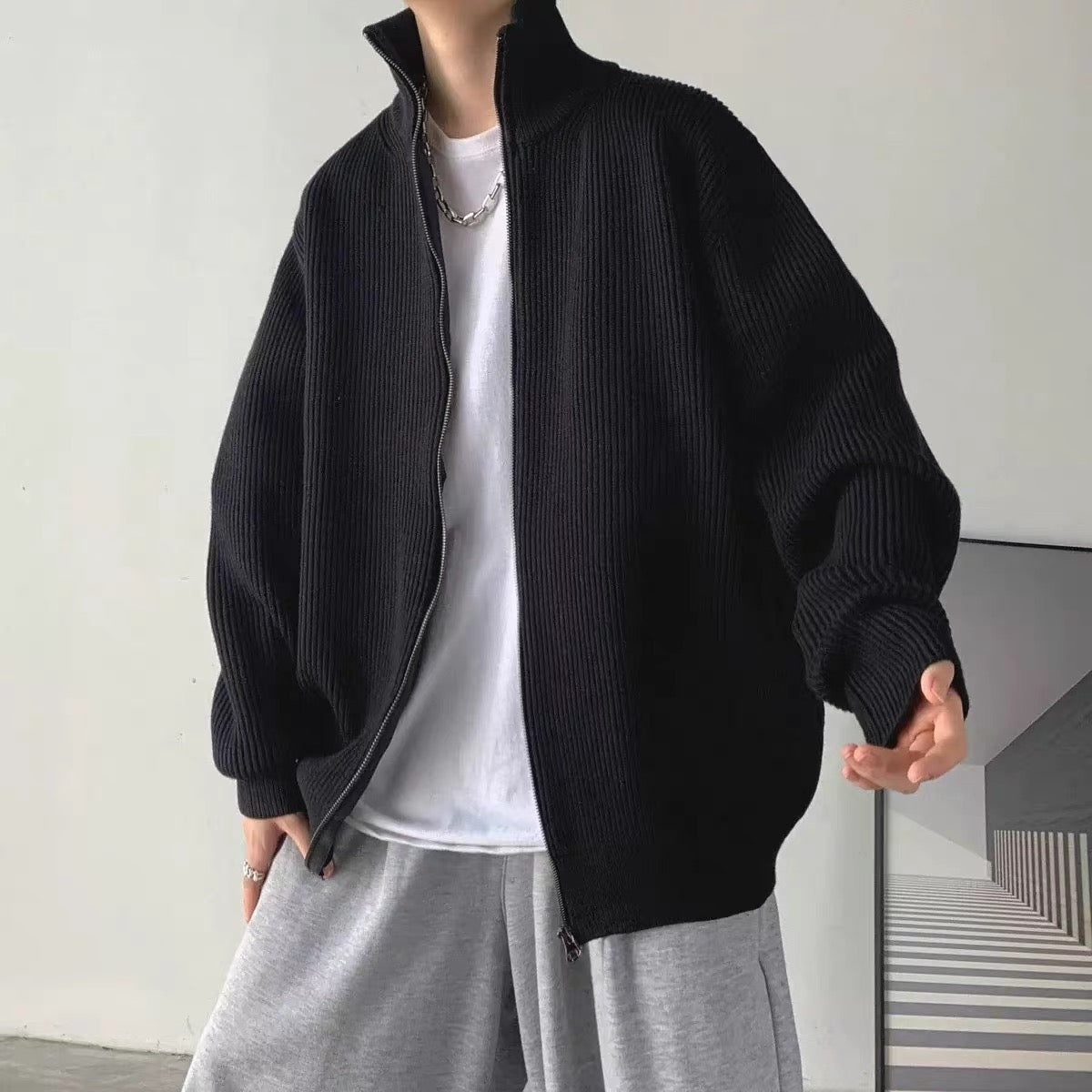 Autumn Winter Vintage Zip-Front Cardigan Men's Relaxed Fit Thickened Knit Sweater Stand Collar Coat T0016