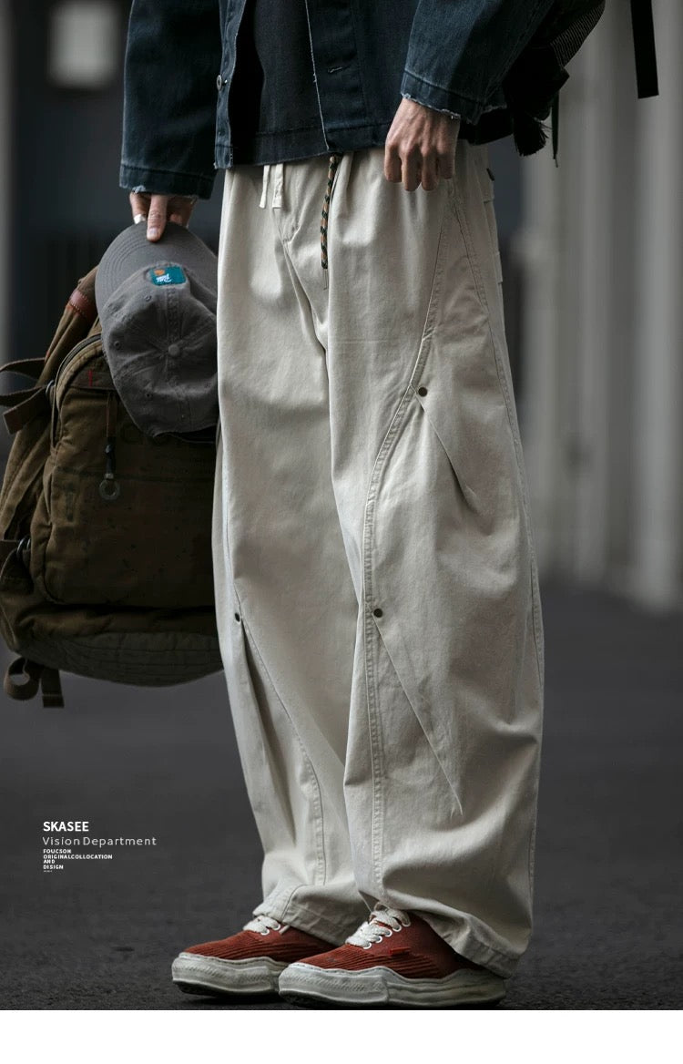 ヴィンテージアメリカンヘビーウォッシュダブルプリーツカーゴパンツ（リベット付き）、バギーワイドレッグドローストリングカジュアルジョガーパンツ T0011