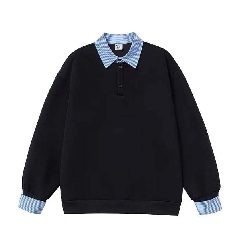 Men’s Layered Stripe Collar Sweatshirt – Vintage Preppy Street Pullover S0045