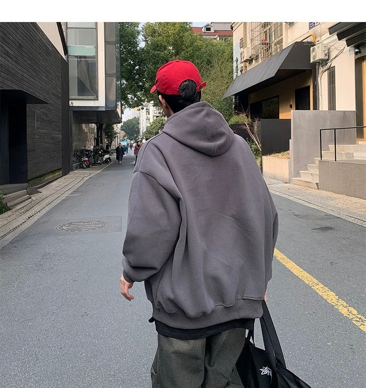 Men’s Vintage Brushed Embroidery Hoodie – Retro American Streetwear Pullover T0202