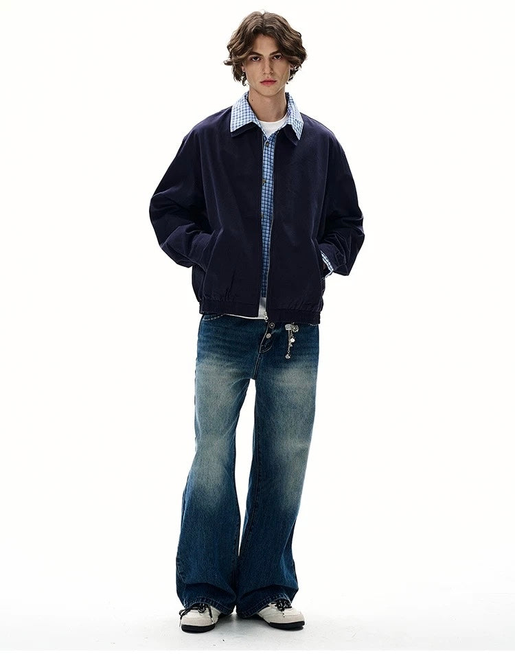 Men’s Vintage Plaid Patchwork Layered Jacket – American Retro Fake Two-Piece Streetwear Coat T0042