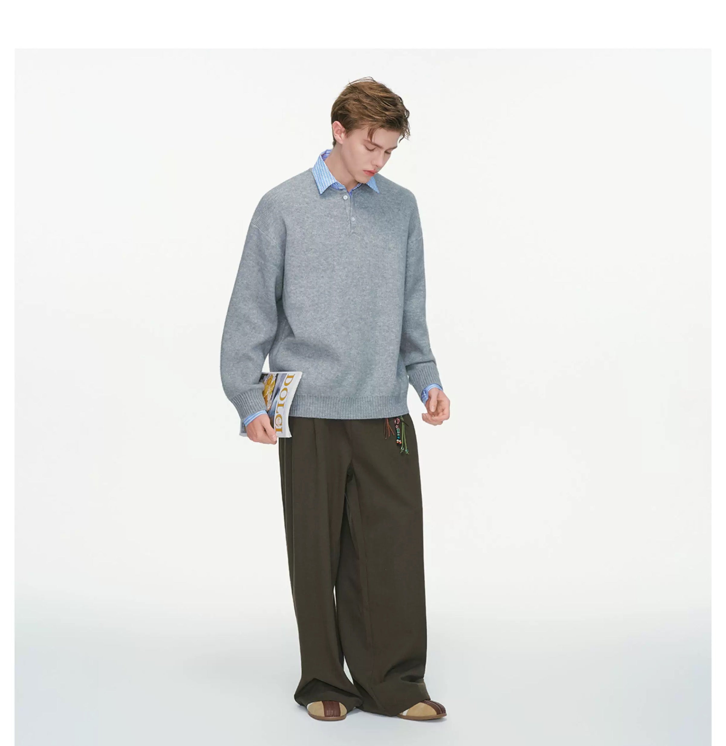 Men’s Layered Stripe Collar Sweatshirt – Vintage Preppy Street Pullover S0045