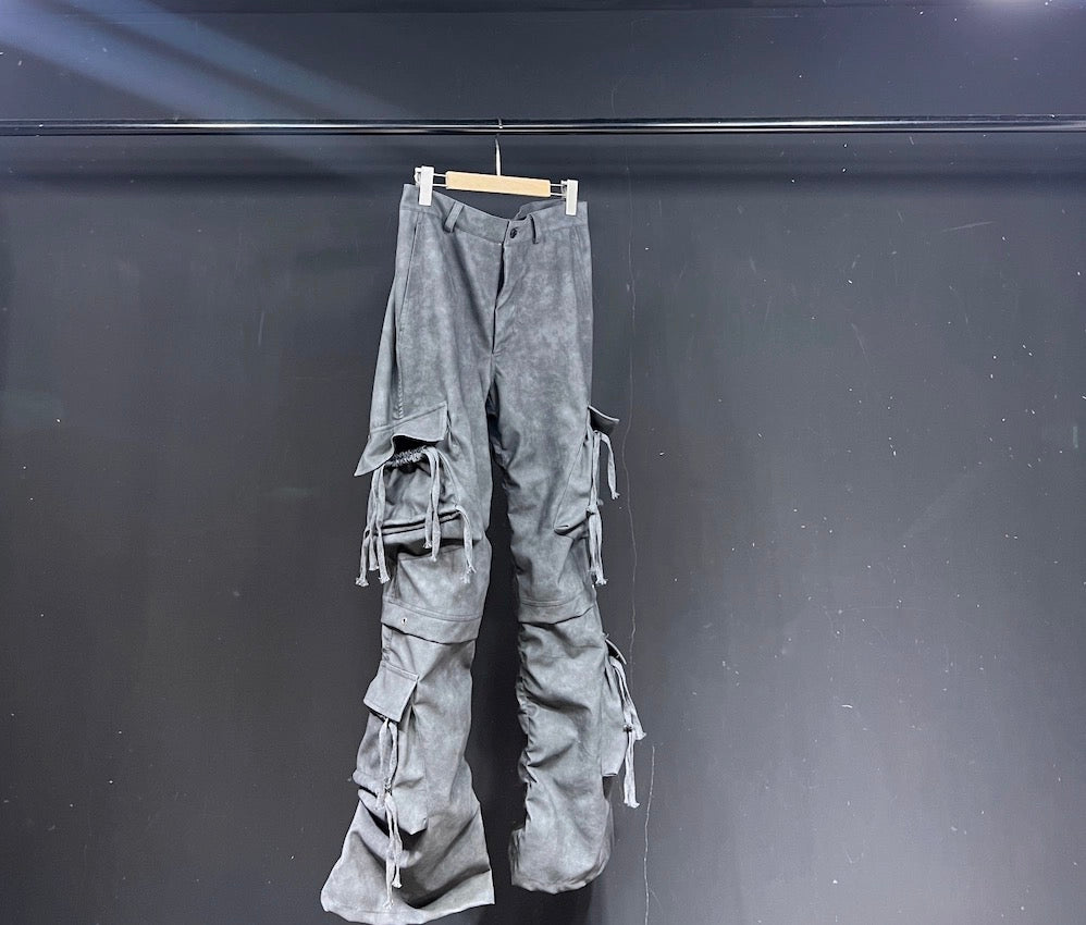 Men’s Suede PU Washed Flared Pants Gray Wide Leg Cargo Trousers Slim Fit Vintage Streetwear B0099